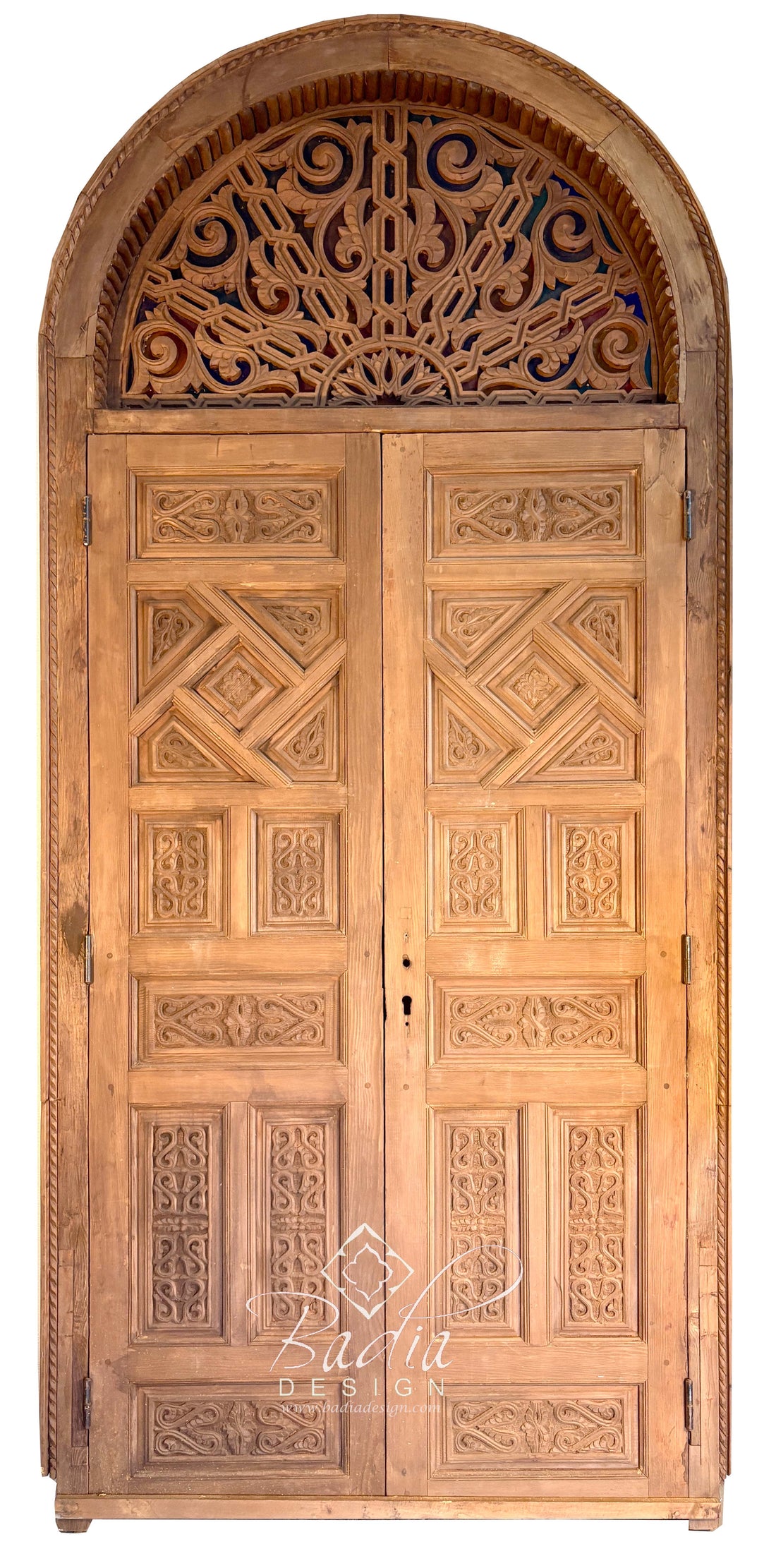 Moroccan Arched Hand Carved Wooden Double Door with Colored Glass Transom