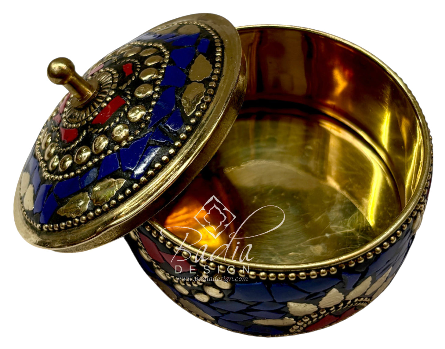 Decorative Moroccan Blue and Gold Resin Container with open lid