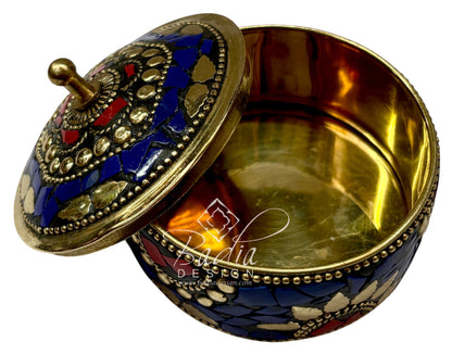 Decorative Moroccan Blue and Gold Resin Container with open lid