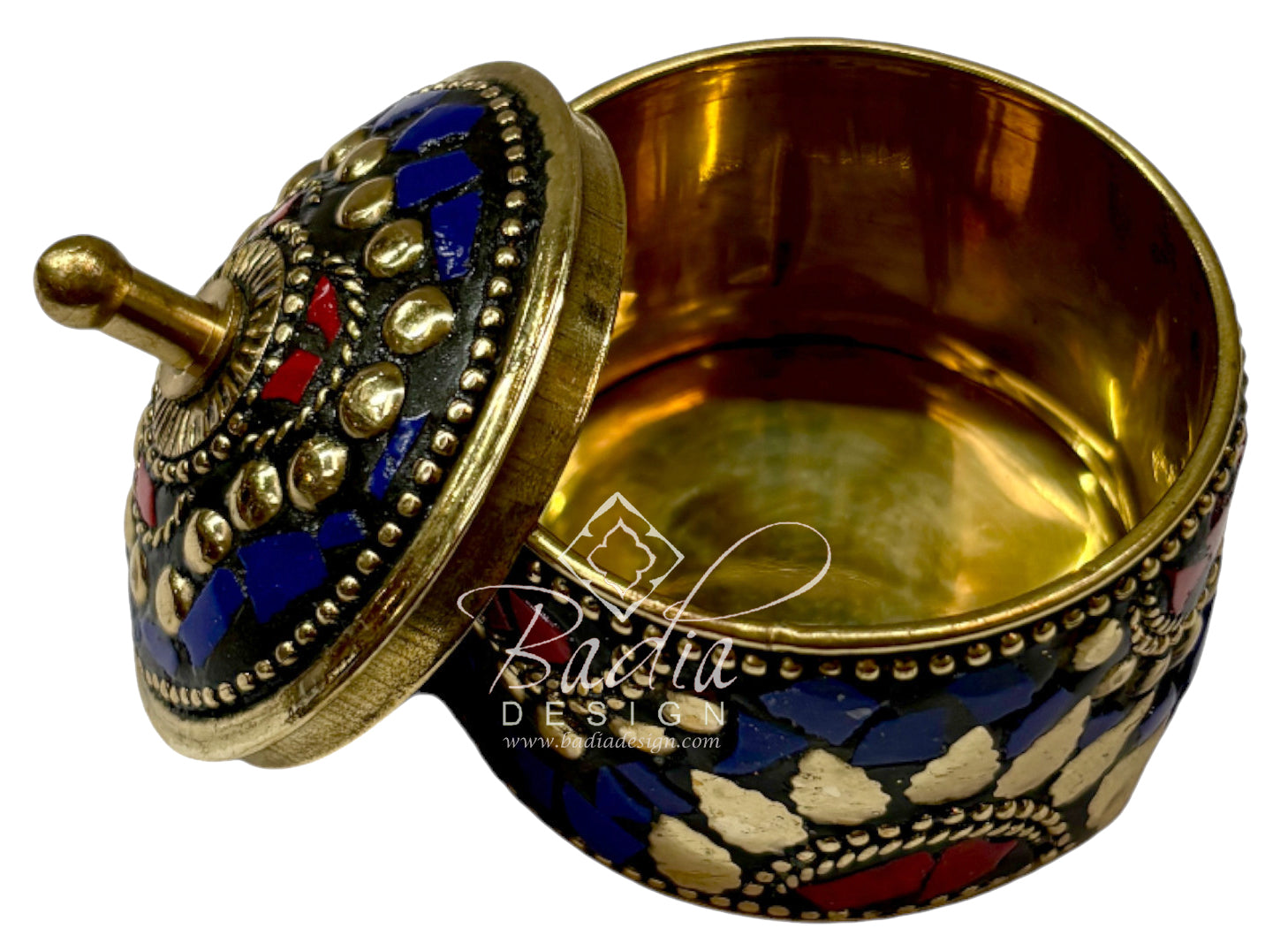 Decorative Moroccan Blue and Gold Resin Container with open lid