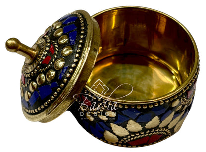 Decorative Moroccan Blue and Gold Resin Container with open lid