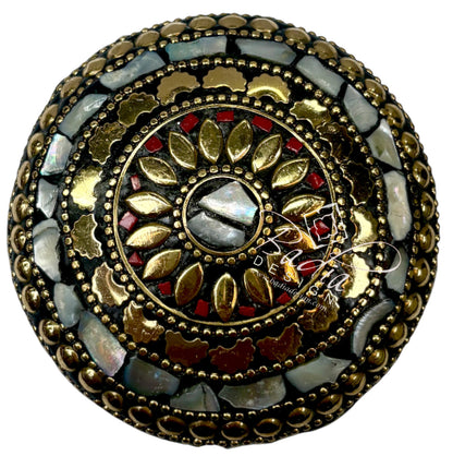 Round Decorative Container with White Resin and Gold Metal Accents