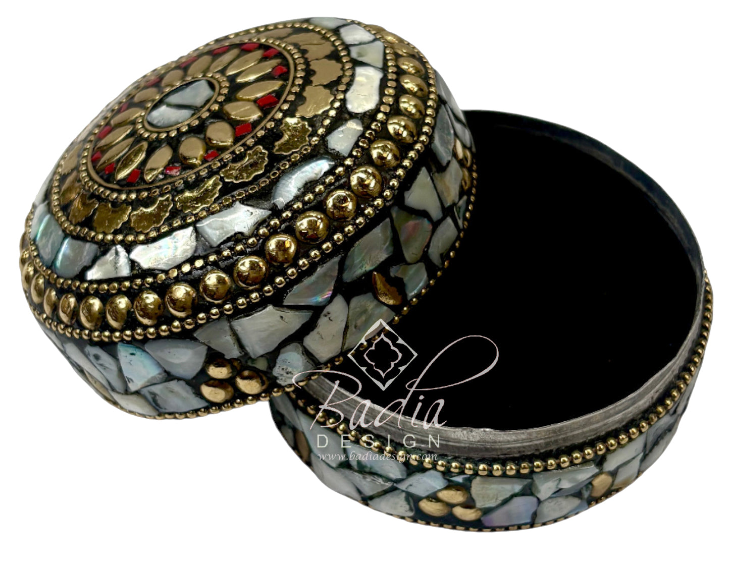Round Decorative Container with White Resin and Gold Metal Accents
