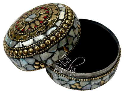 Round Decorative Container with White Resin and Gold Metal Accents
