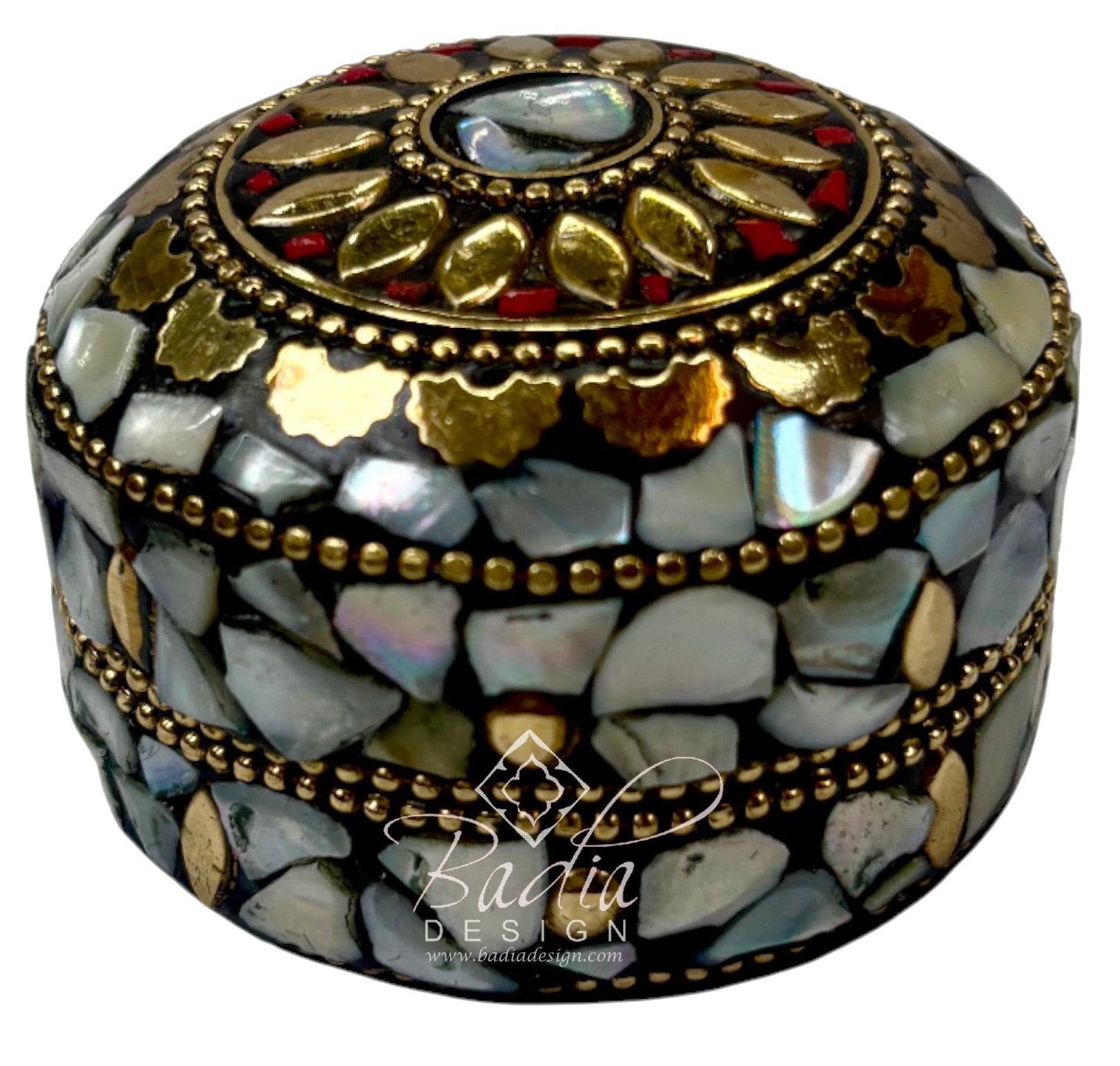 Decorative box with mosaic design and gold accents on a white background, featuring the Badiia Design logo.