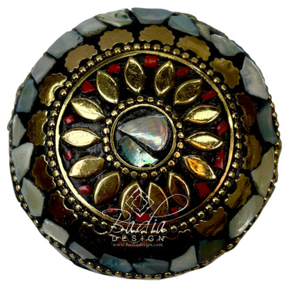 Round Decorative Container with White Resin and Gold Metal Accents