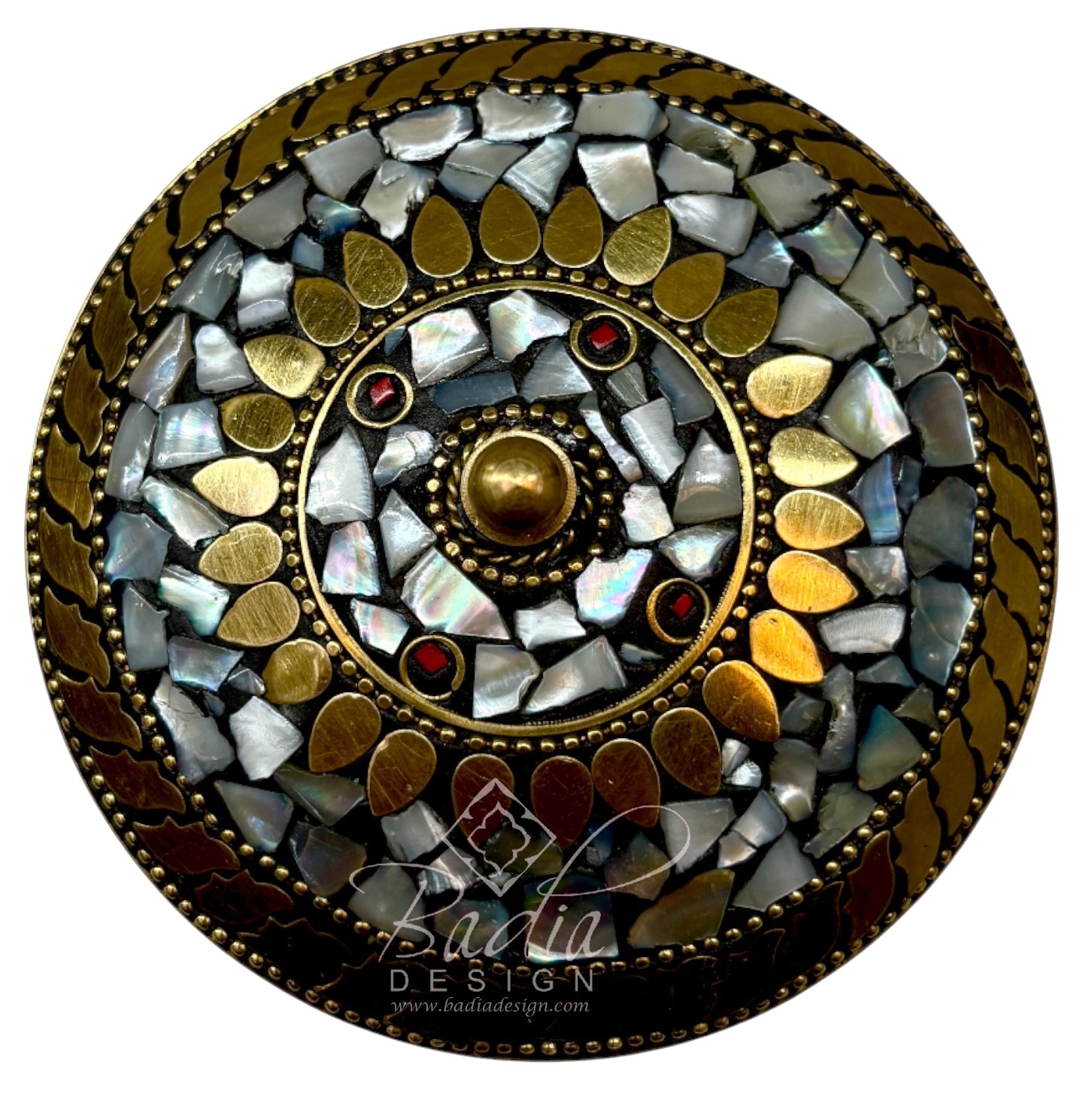 Top View Decorative circular design with mosaic pattern and gold accents on a white background