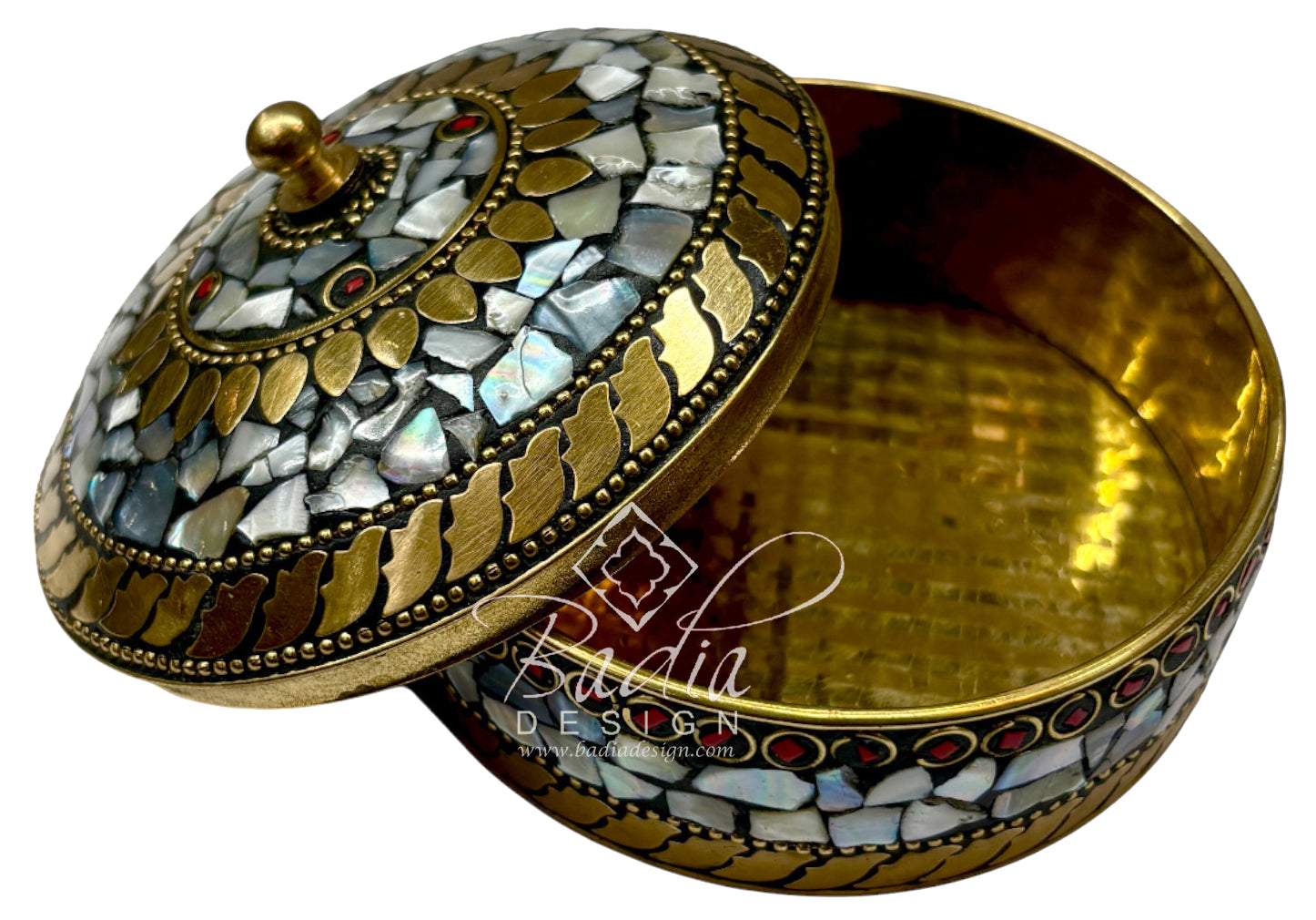 Decorative box with mosaic lid and base, featuring gold and gemstone patterns, on a white background with open lid