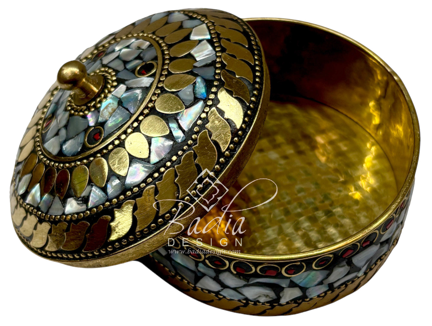 Moroccan Resin Jewelry Container with White and Gold Detail with open lid