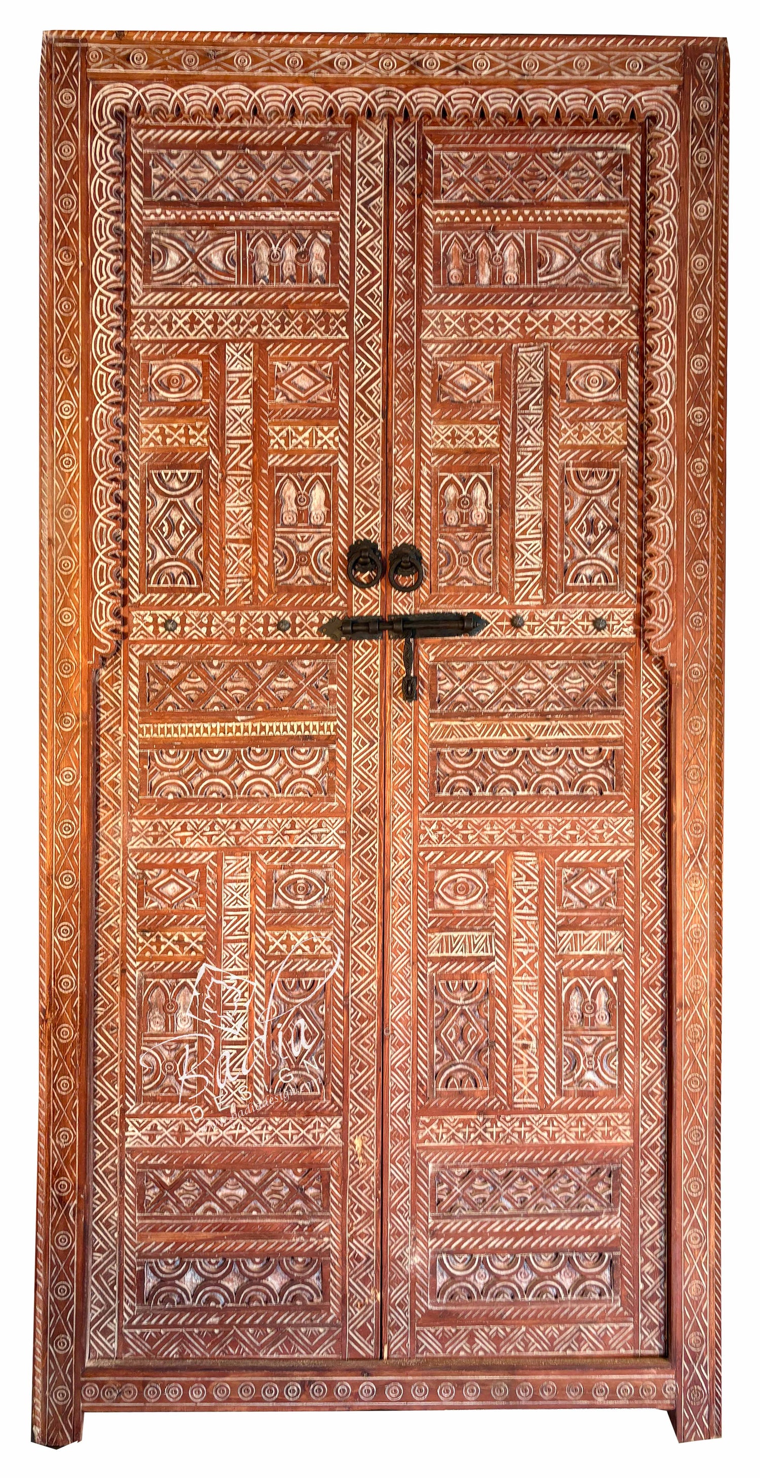 Moroccan Hand Carved Wooden Double Door with Geometric Detail