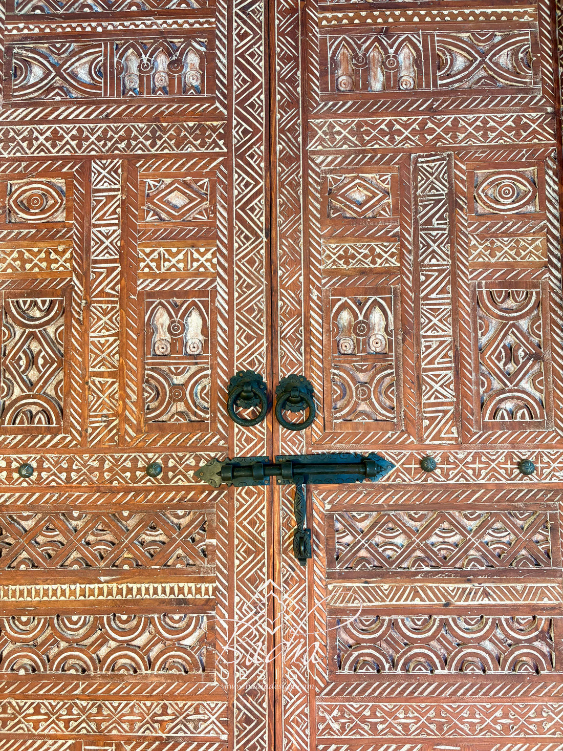 Hand Carved Wooden Double Door with Geometric Detail