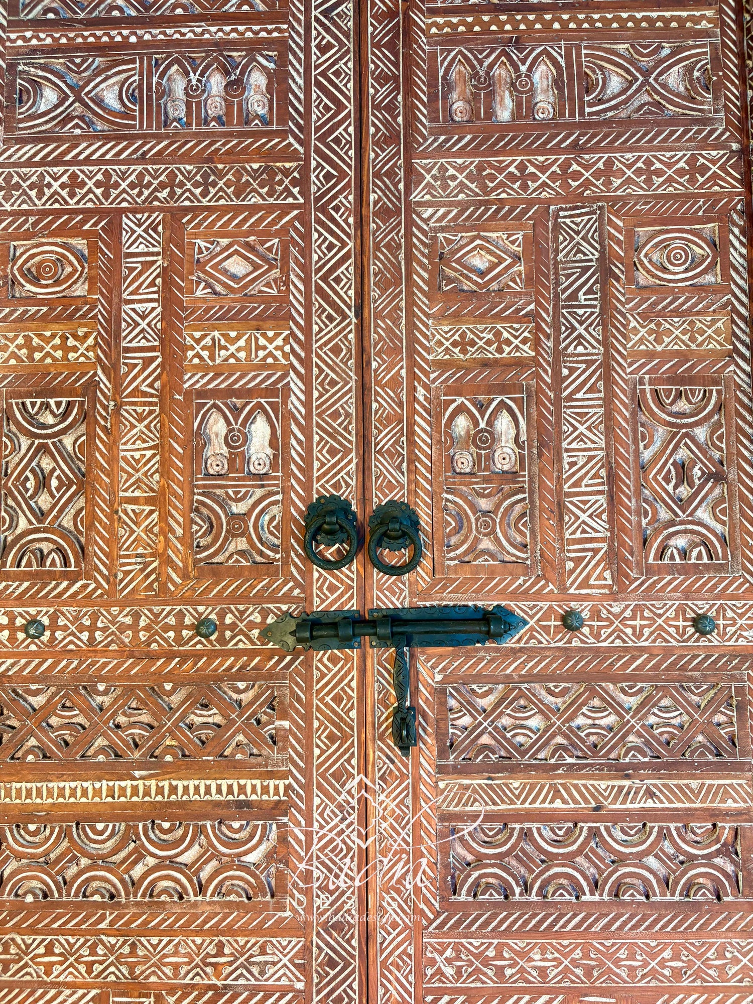 Hand Carved Wooden Double Door with Geometric Detail