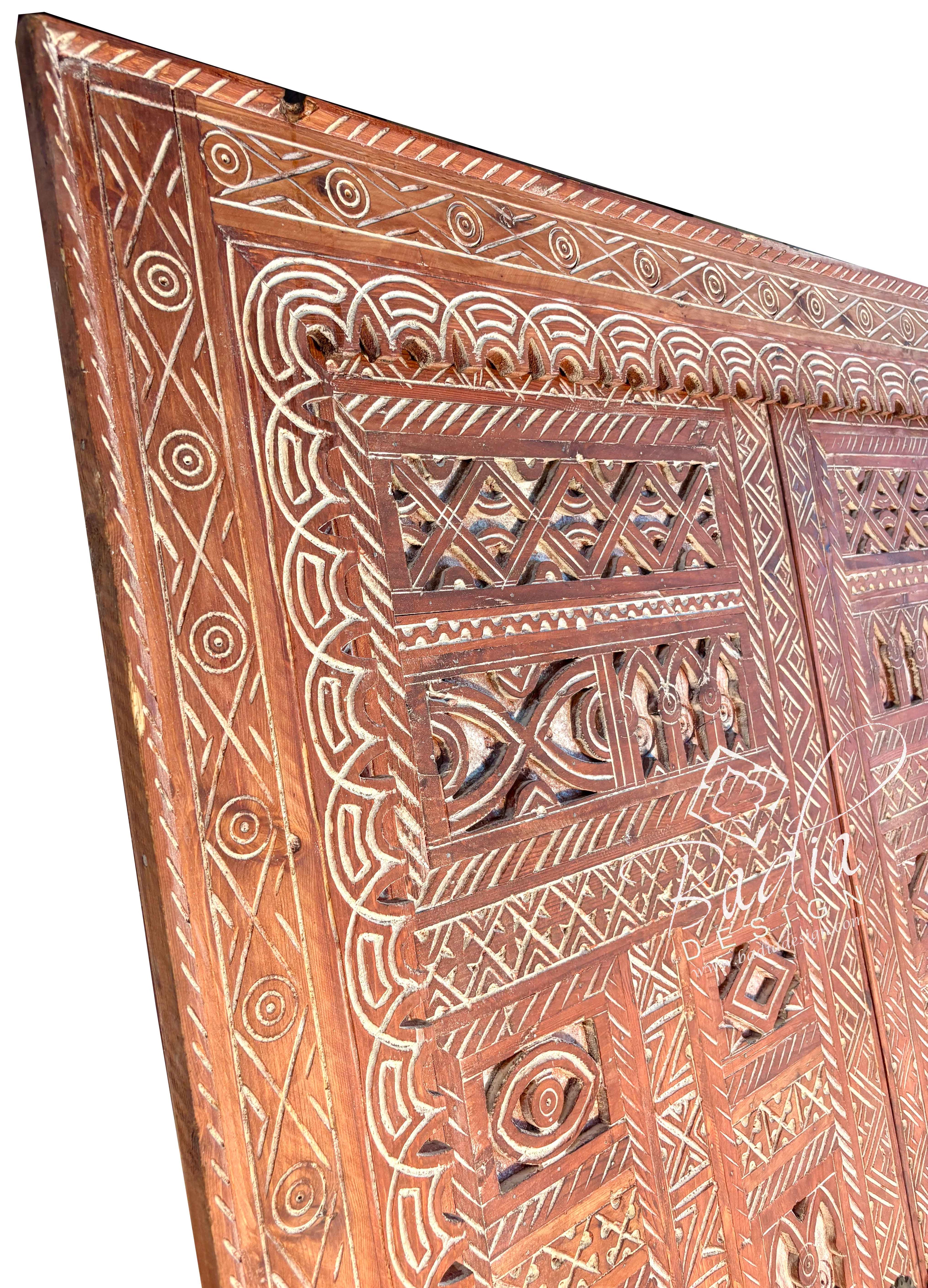 Hand Carved Wooden Double Door with Geometric Detail