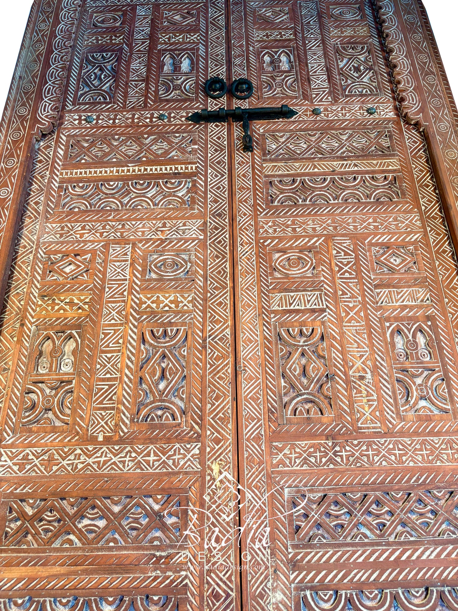 Hand Carved Wooden Double Door with Geometric Detail