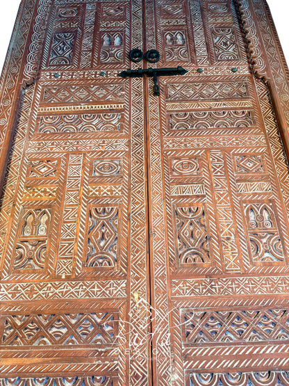 Hand Carved Wooden Double Door with Geometric Detail