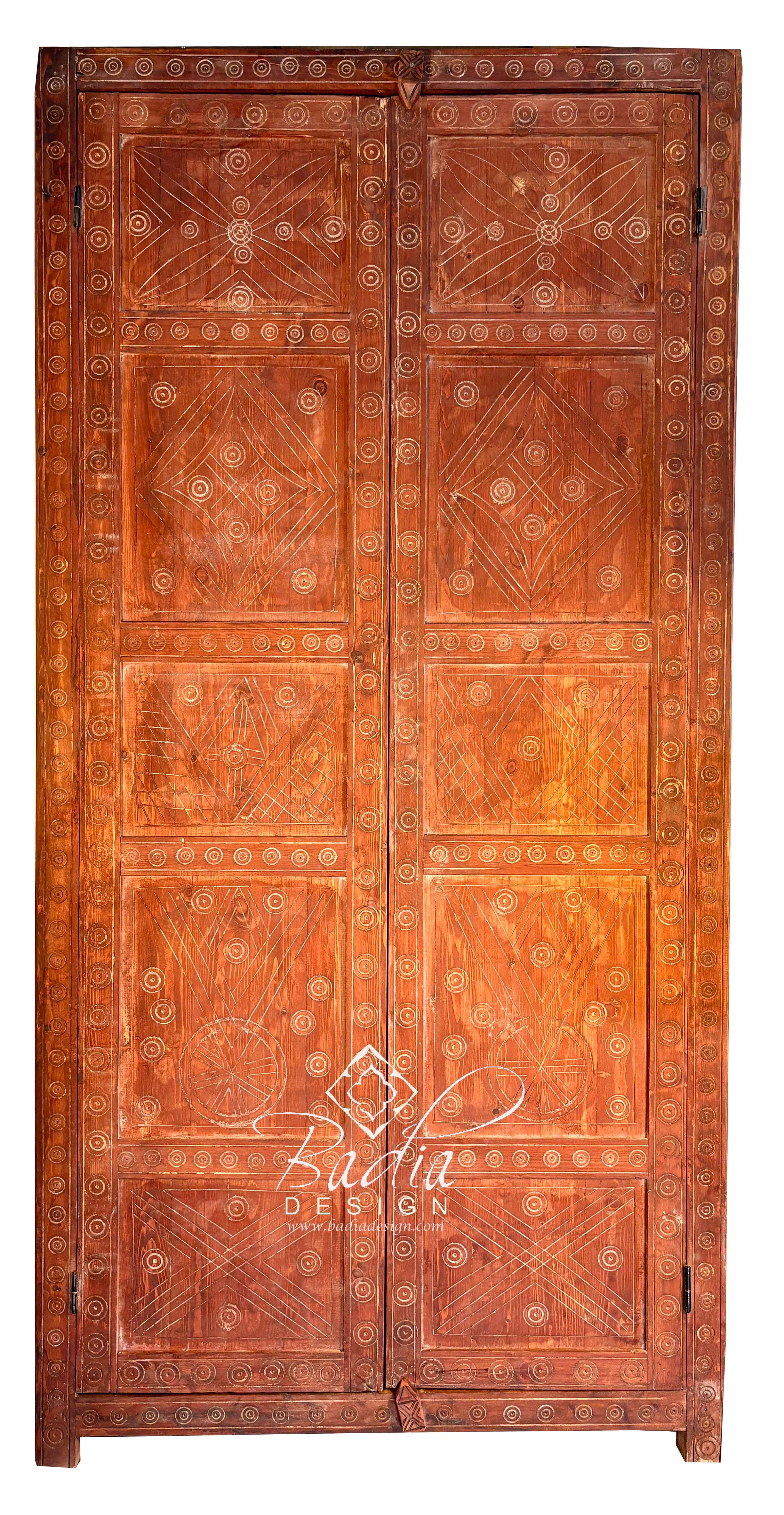 Hand Carved Wooden Double Door with Geometric Detail