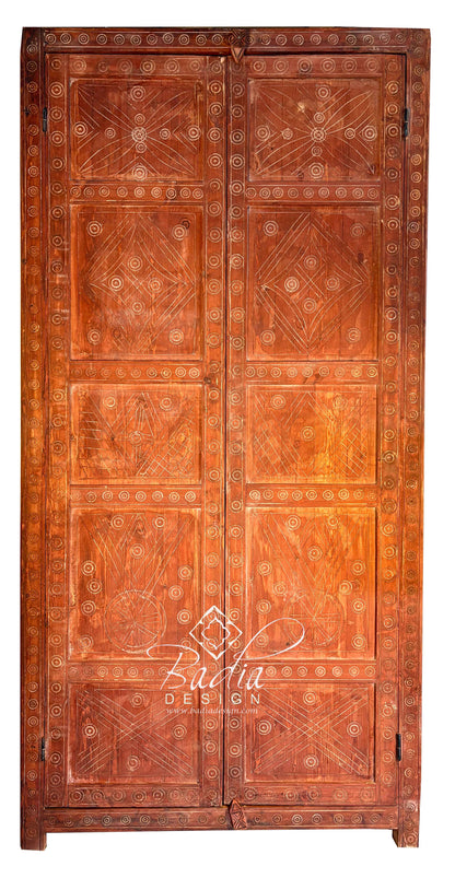 Hand Carved Wooden Double Door with Geometric Detail