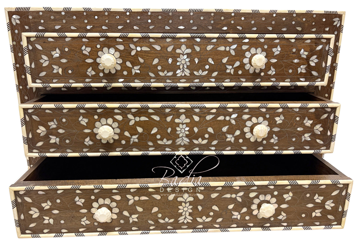 Deep Brown and Ivory Off-White Mother of Pearl Inlay Dresser