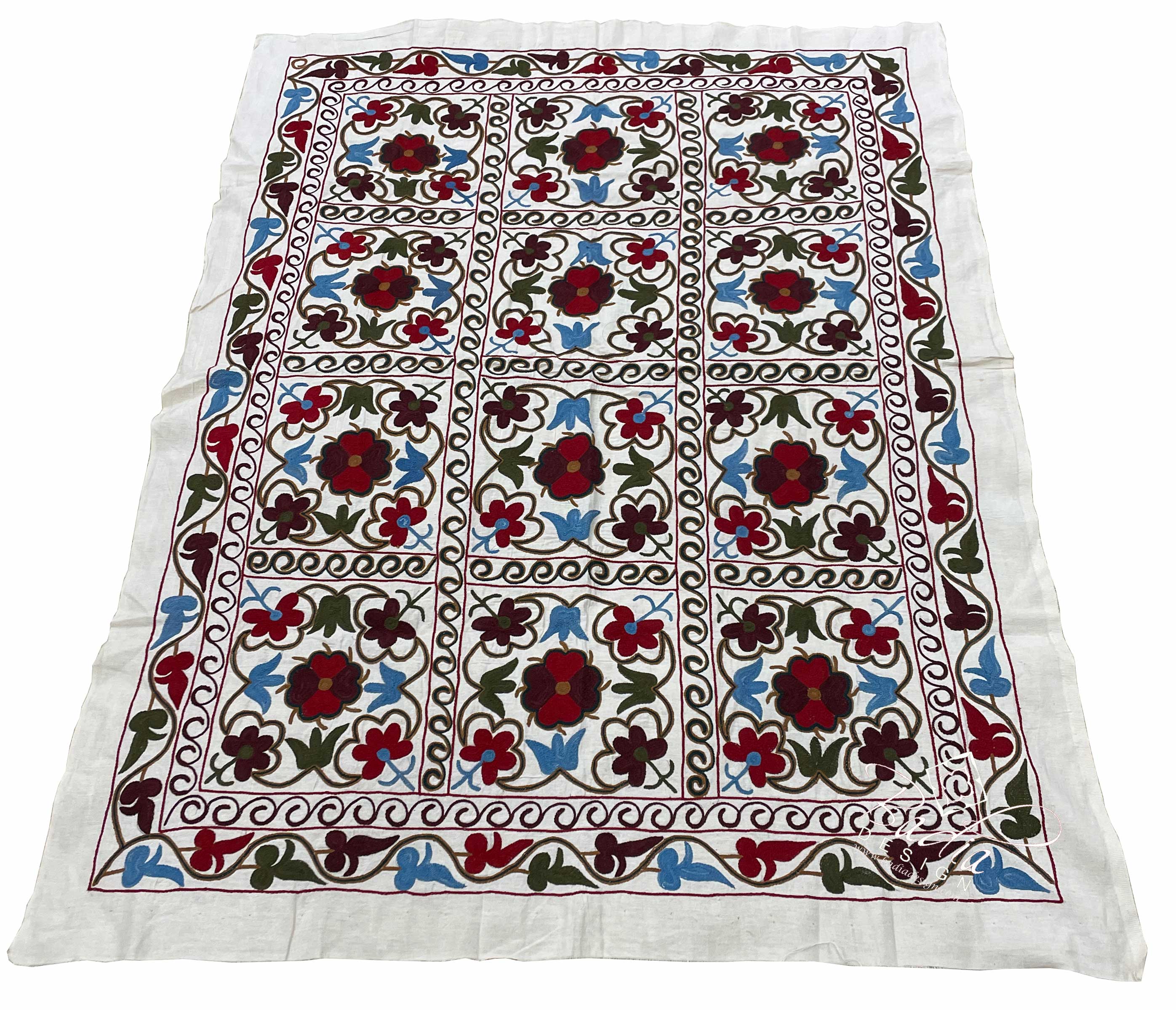 54" W x 71" H - Flower Pattern Muti-Color Suzani Quilt - SUZQLT038