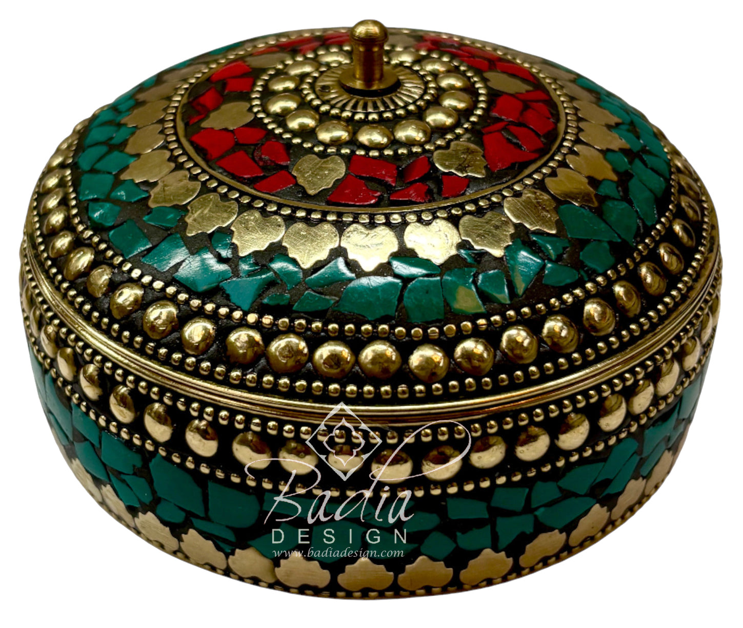 Green and Red Moroccan Resin Jewelry Box with Gold Accents