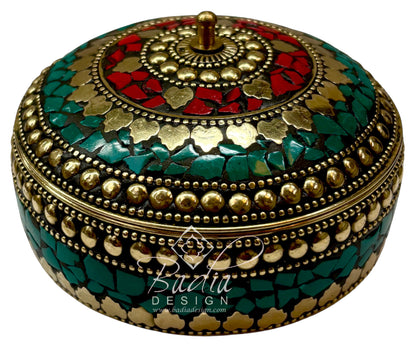 Green and Red Moroccan Resin Jewelry Box with Gold Accents