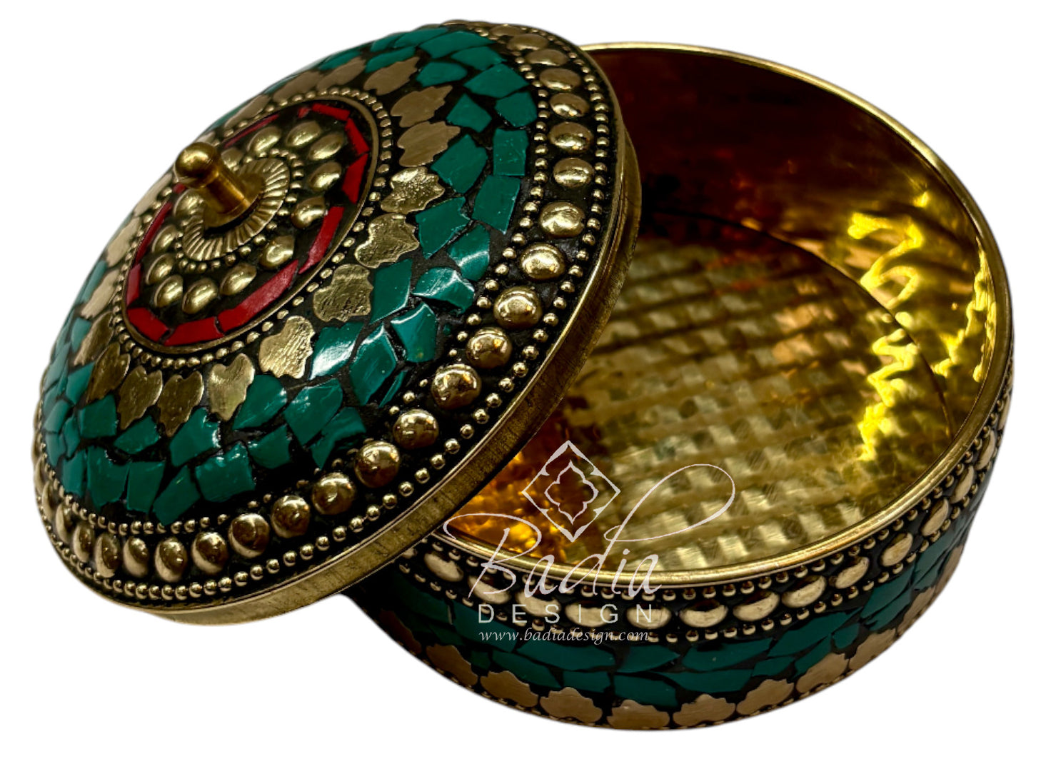 Open Lid Decorative box with turquoise and gold design on a white background
