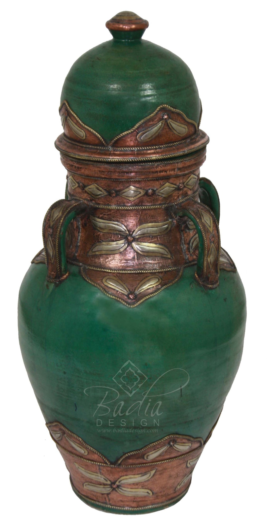 Green Hand Painted Moroccan Metal and Ceramic Urn