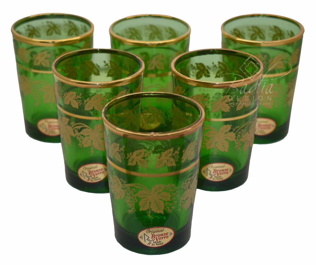 Gold Motif Green Moroccan Tea Glass Set - Pack of 6