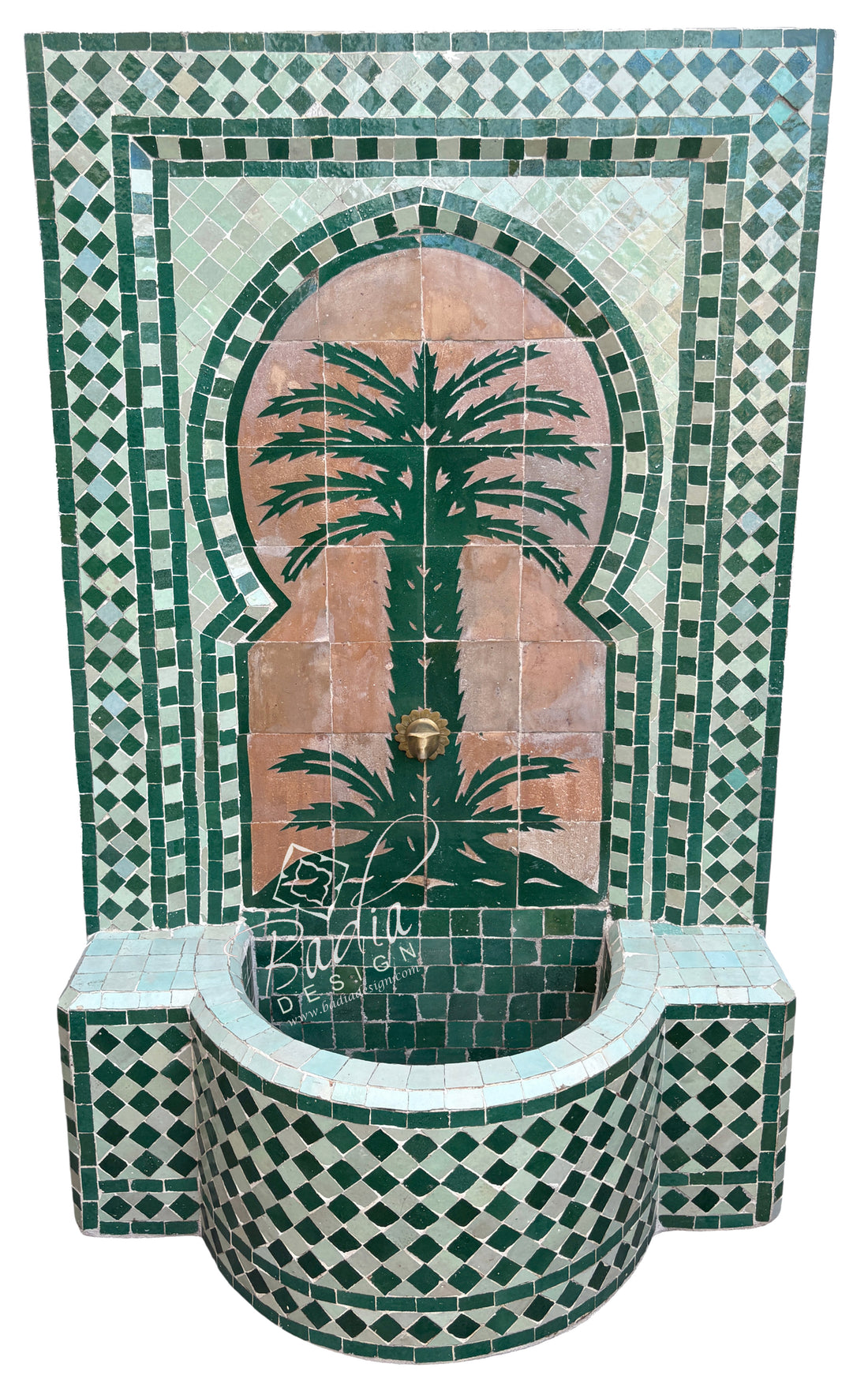 Moroccan Green Water Fountain with Tree of Life Design