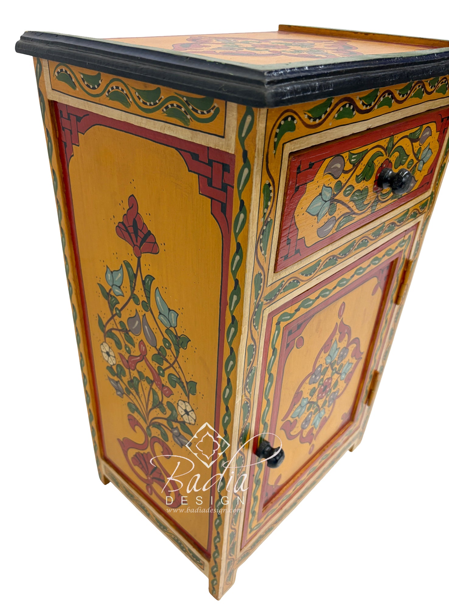 Decorative wooden cabinet with colorful hand-painted designs on a white background