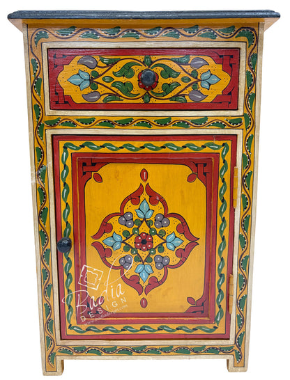Colorful hand-painted wooden cabinet with intricate designs on a white background