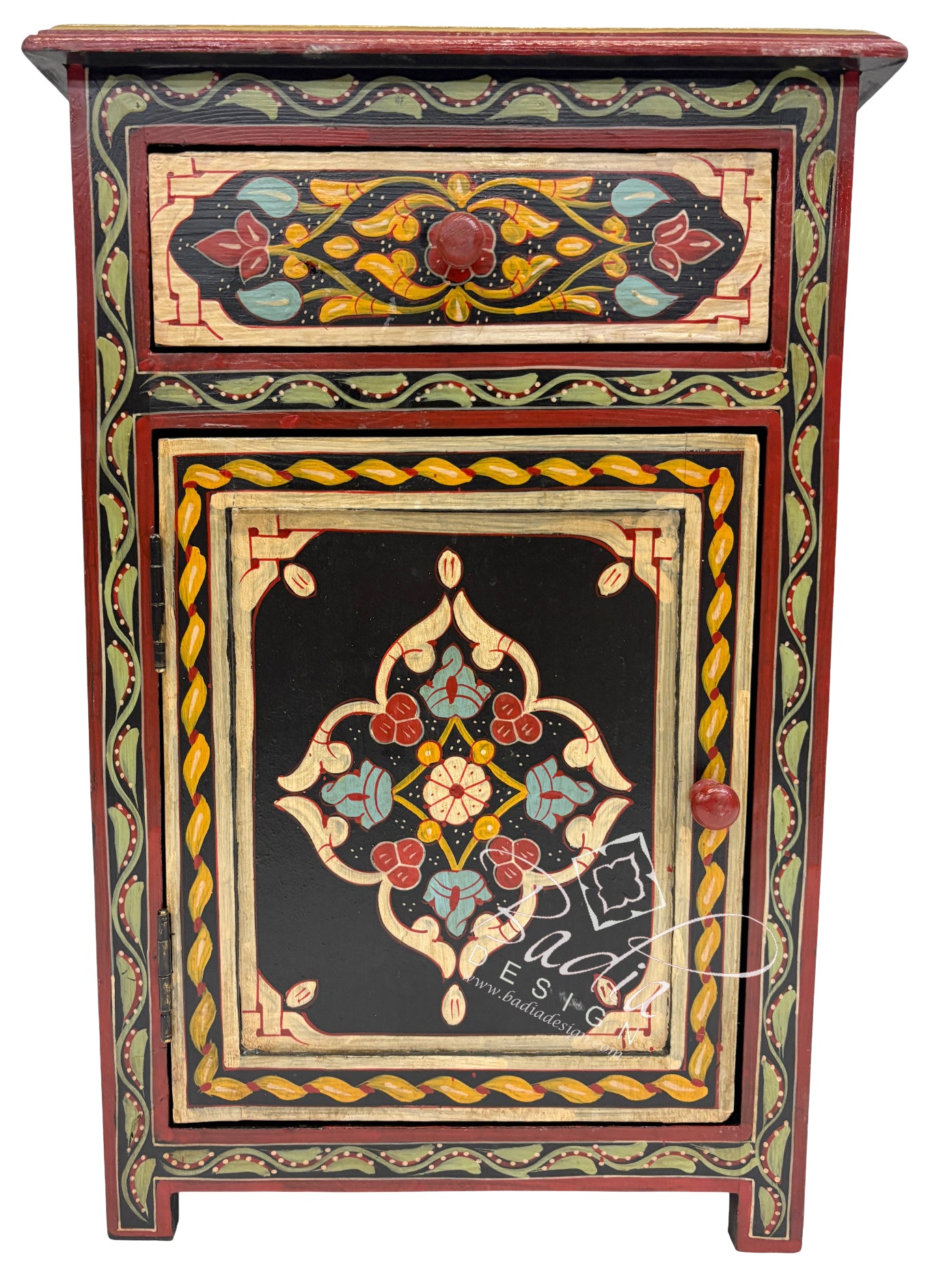 Decorative wooden cabinet with intricate patterns and colors on a white background