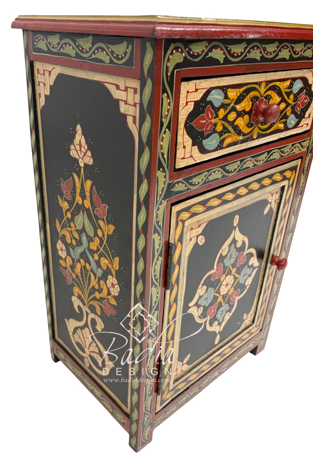 Decorative cabinet with floral and geometric patterns on a white background