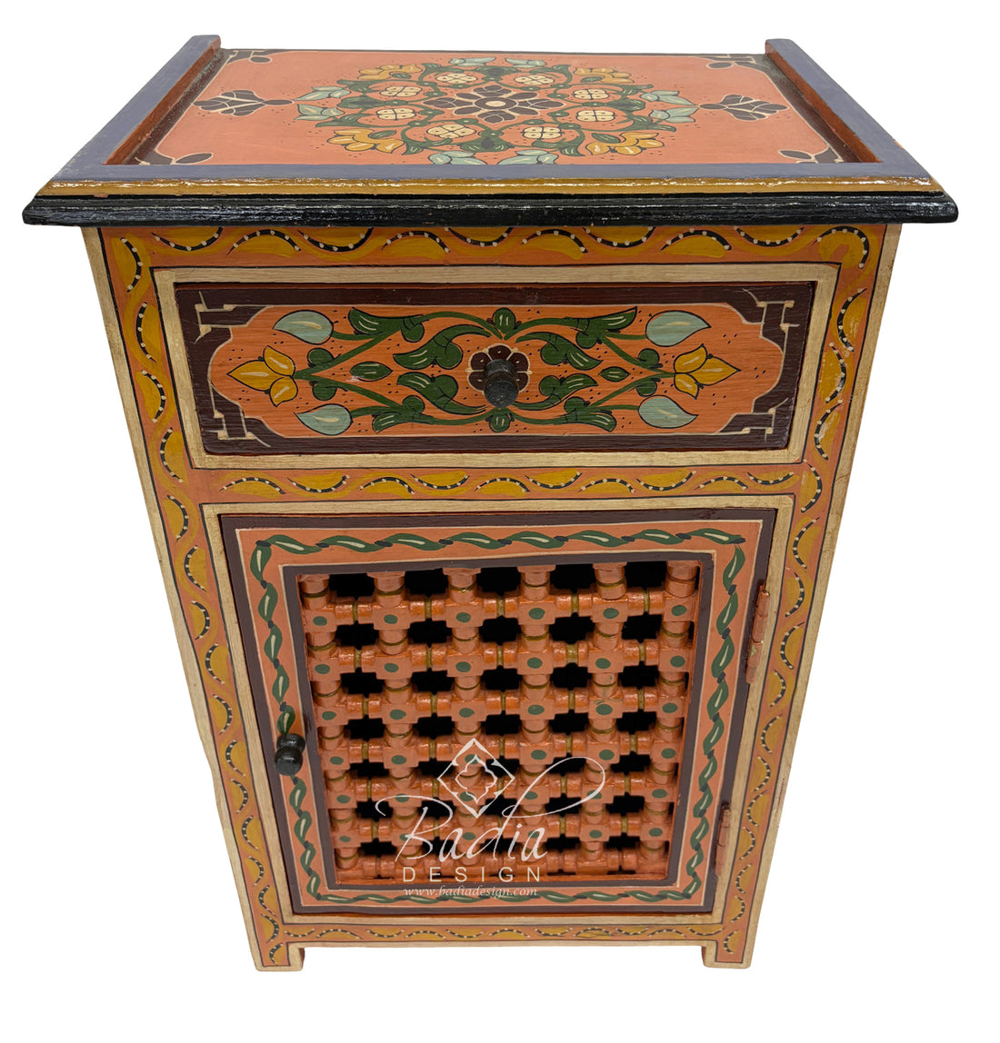 Moroccan Hand Painted Nightstand with Moucharabieh Cabinet Door