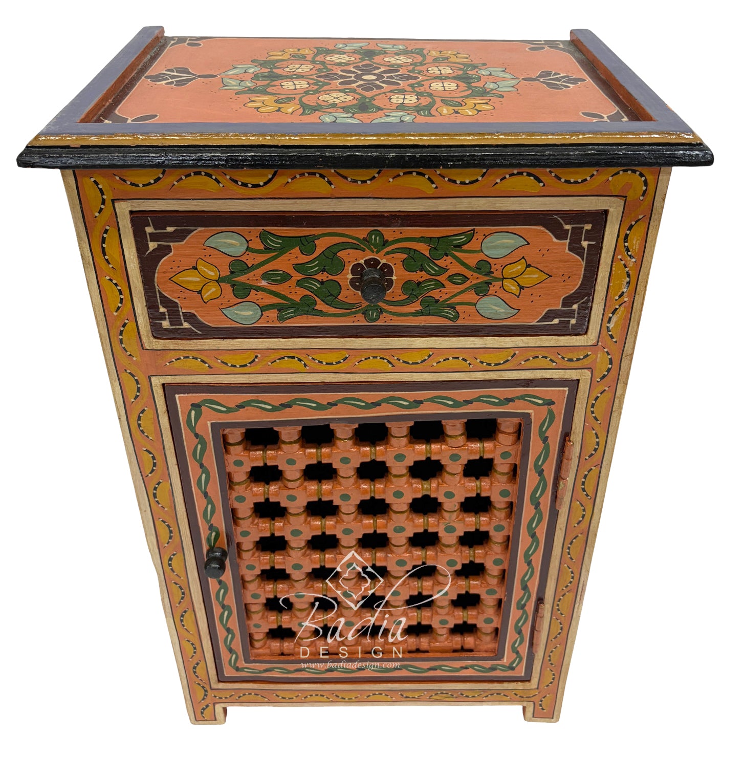 Moroccan Hand Painted Nightstand with Moucharabieh Cabinet Door