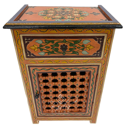 Moroccan Hand Painted Nightstand with Moucharabieh Cabinet Door