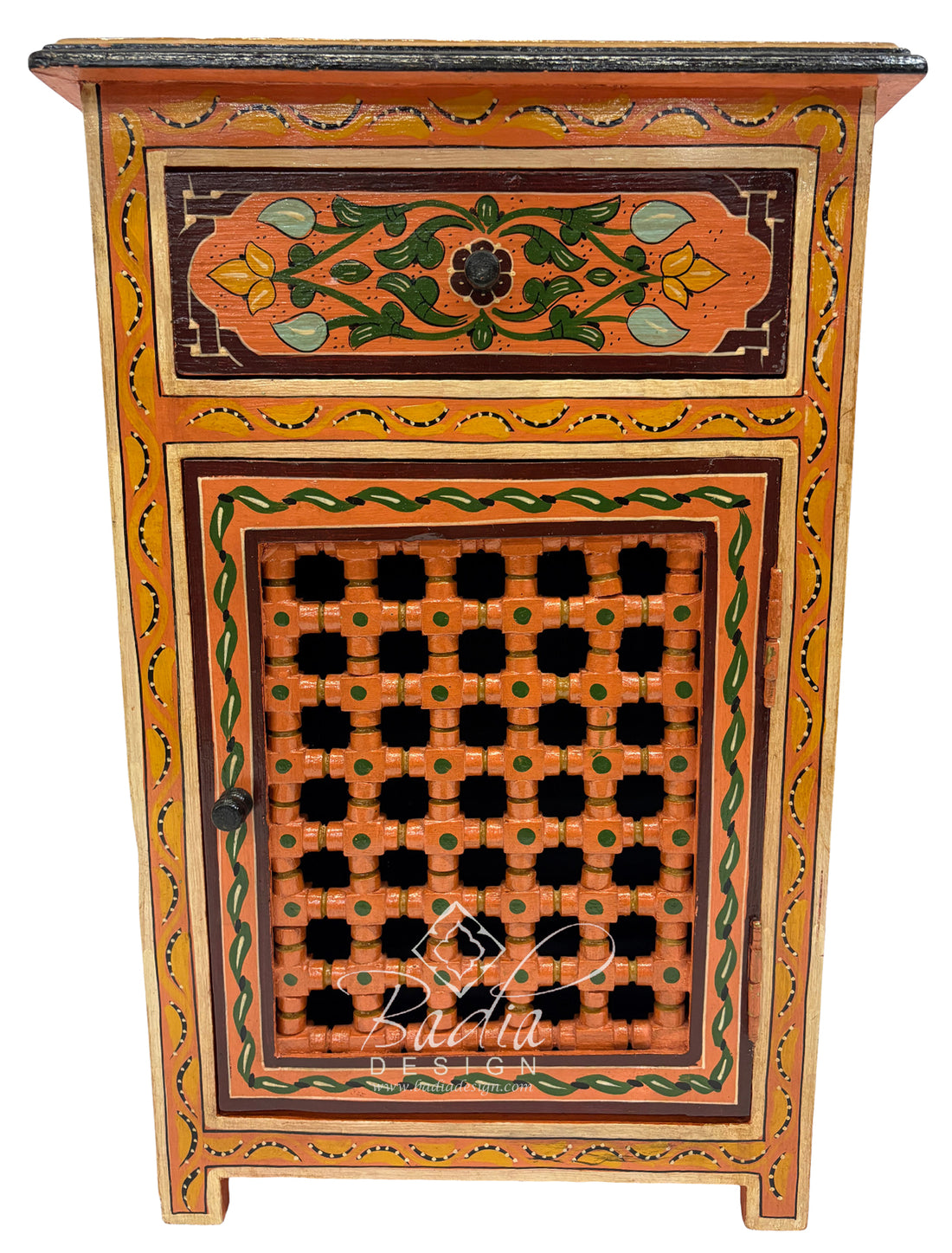 Decorative wooden cabinet with intricate patterns and a brand logo on a white background
