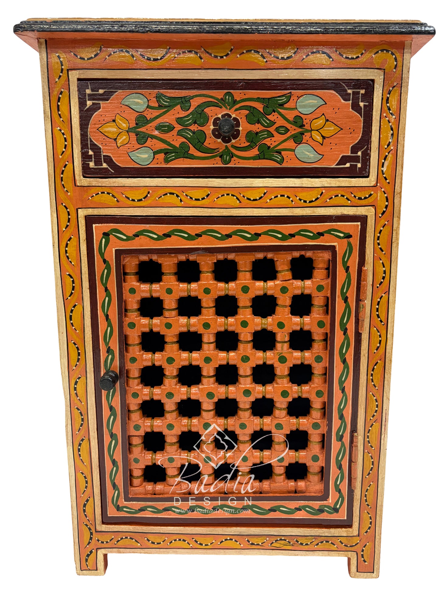 Decorative wooden cabinet with intricate patterns and a brand logo on a white background