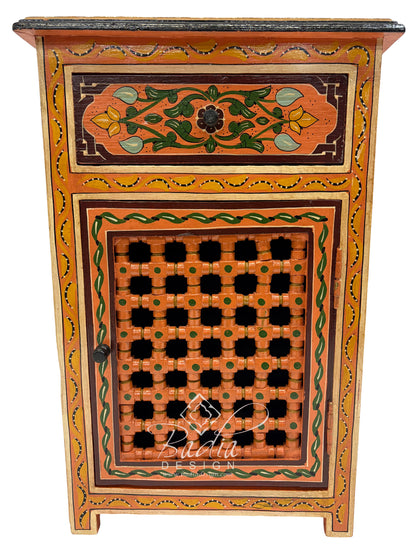 Decorative wooden cabinet with intricate patterns and a brand logo on a white background