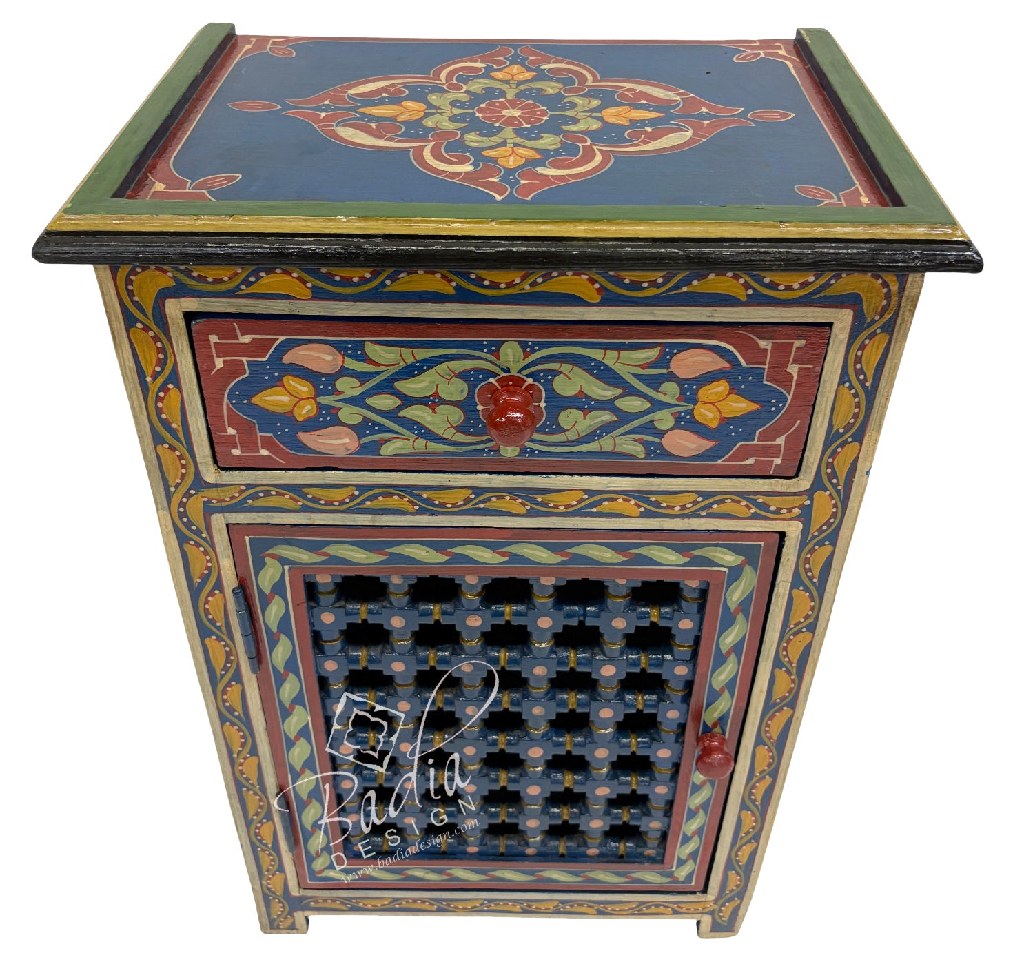 Decorative wooden side table with intricate patterns on a white background