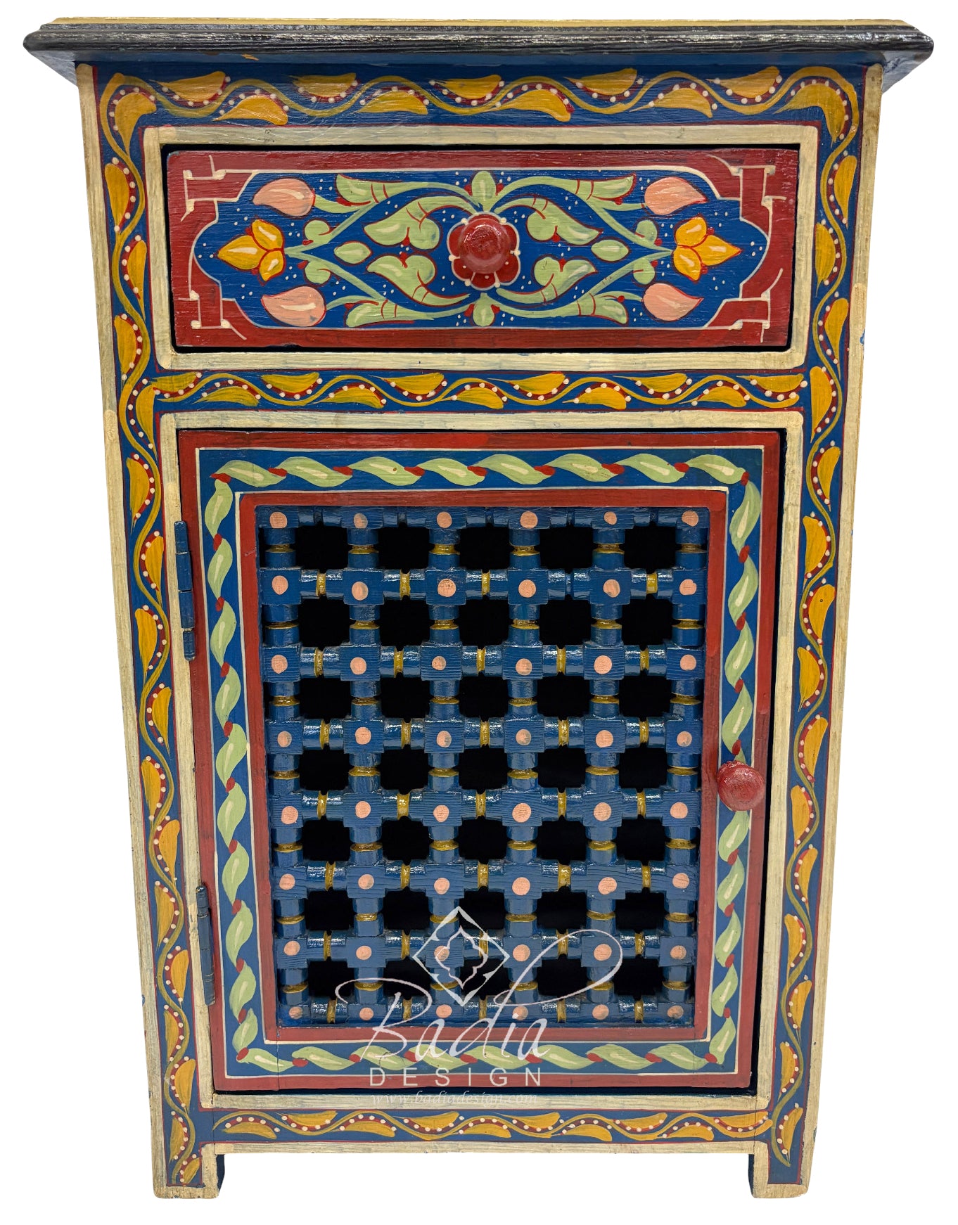 Decorative wooden cabinet with colorful hand-painted designs on a white background