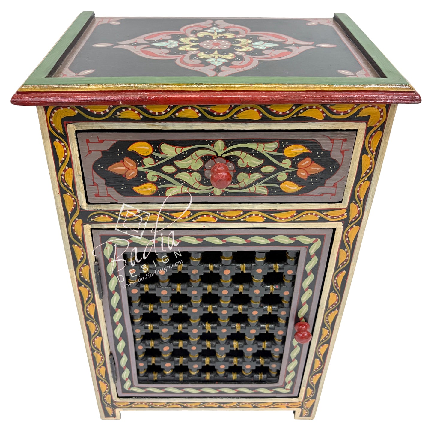 Decorative wooden side table with intricate designs and a colorful top.