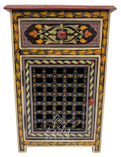 Decorative wooden cabinet with intricate patterns and colors on a white background