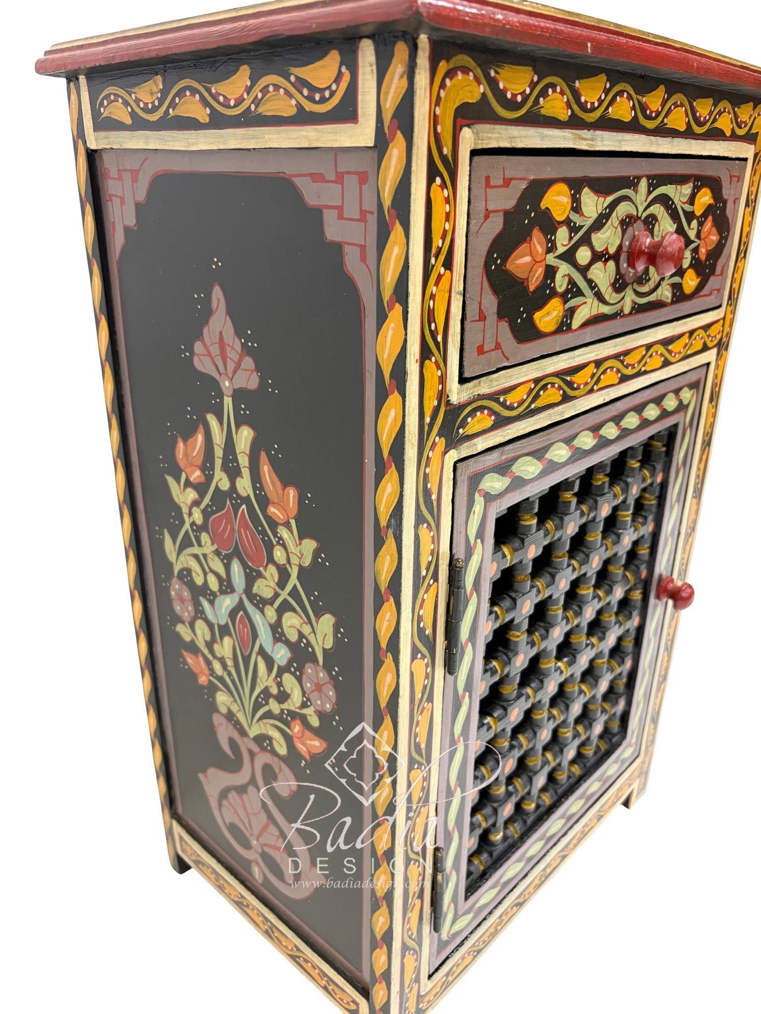 Hand Painted Nightstand with Moucharabieh Cabinet Door