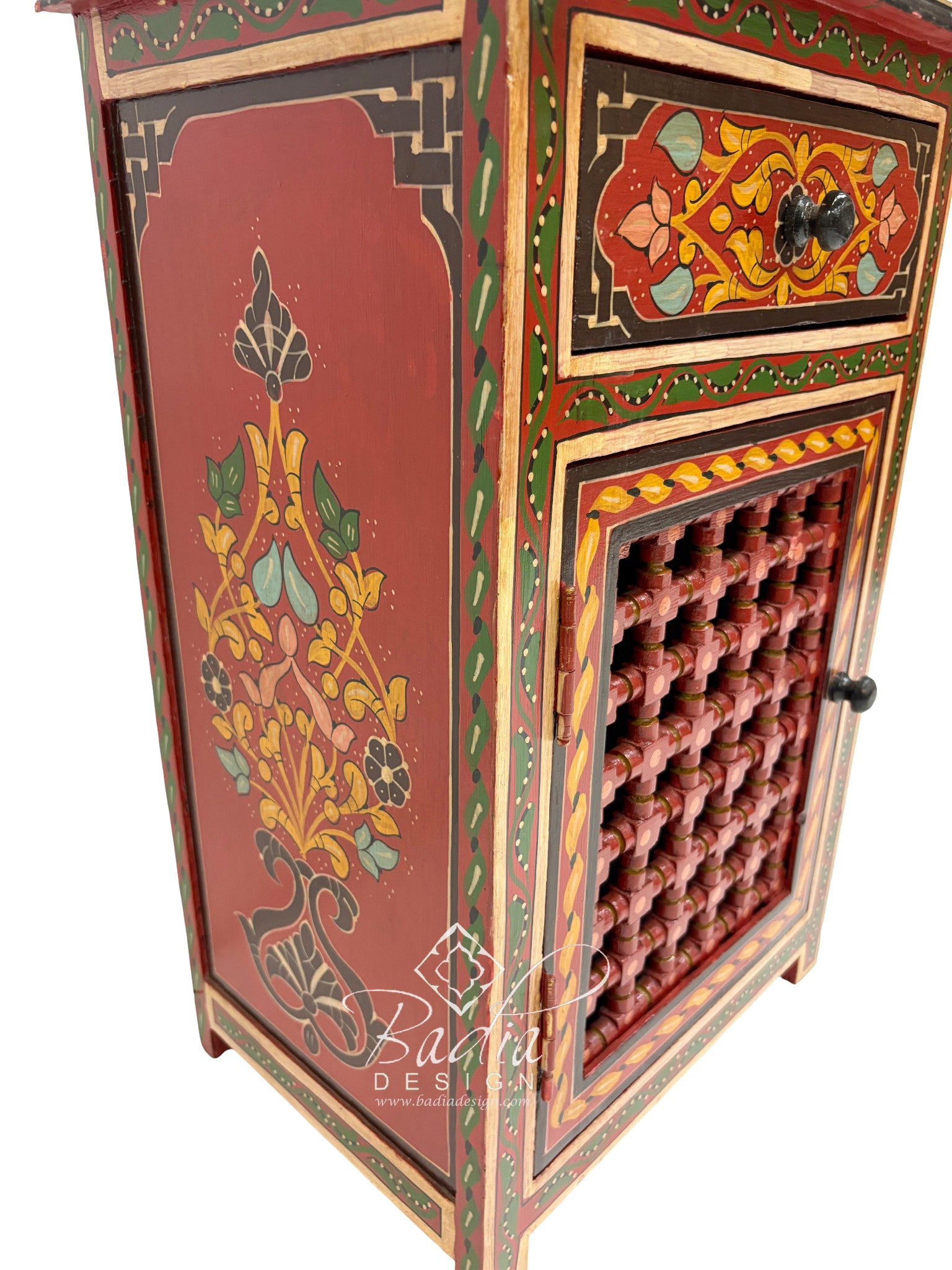Decorative wooden cabinet with intricate designs and a butterfly emblem on a white background.