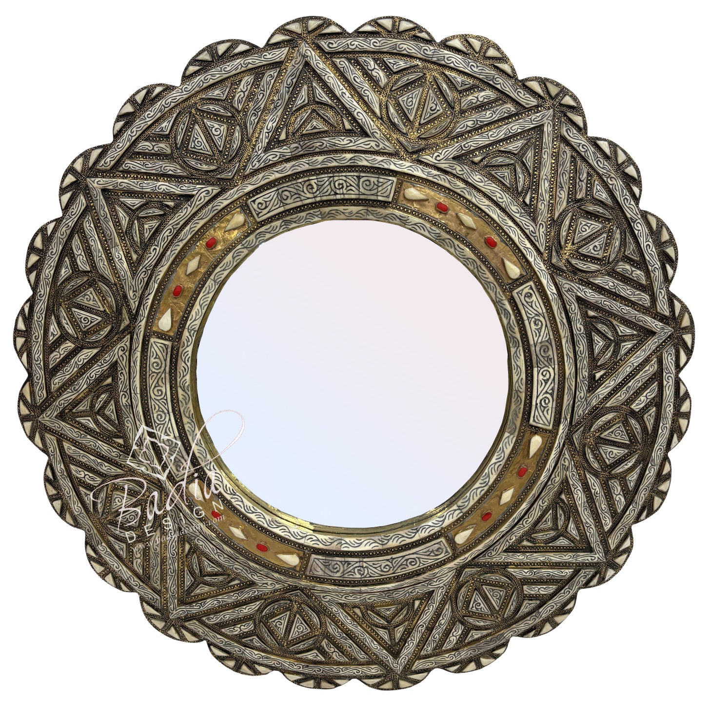 Round Moroccan Mirror with Metal and Bone Design