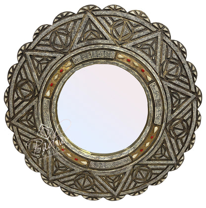 Round Moroccan Mirror with Metal and Bone Design