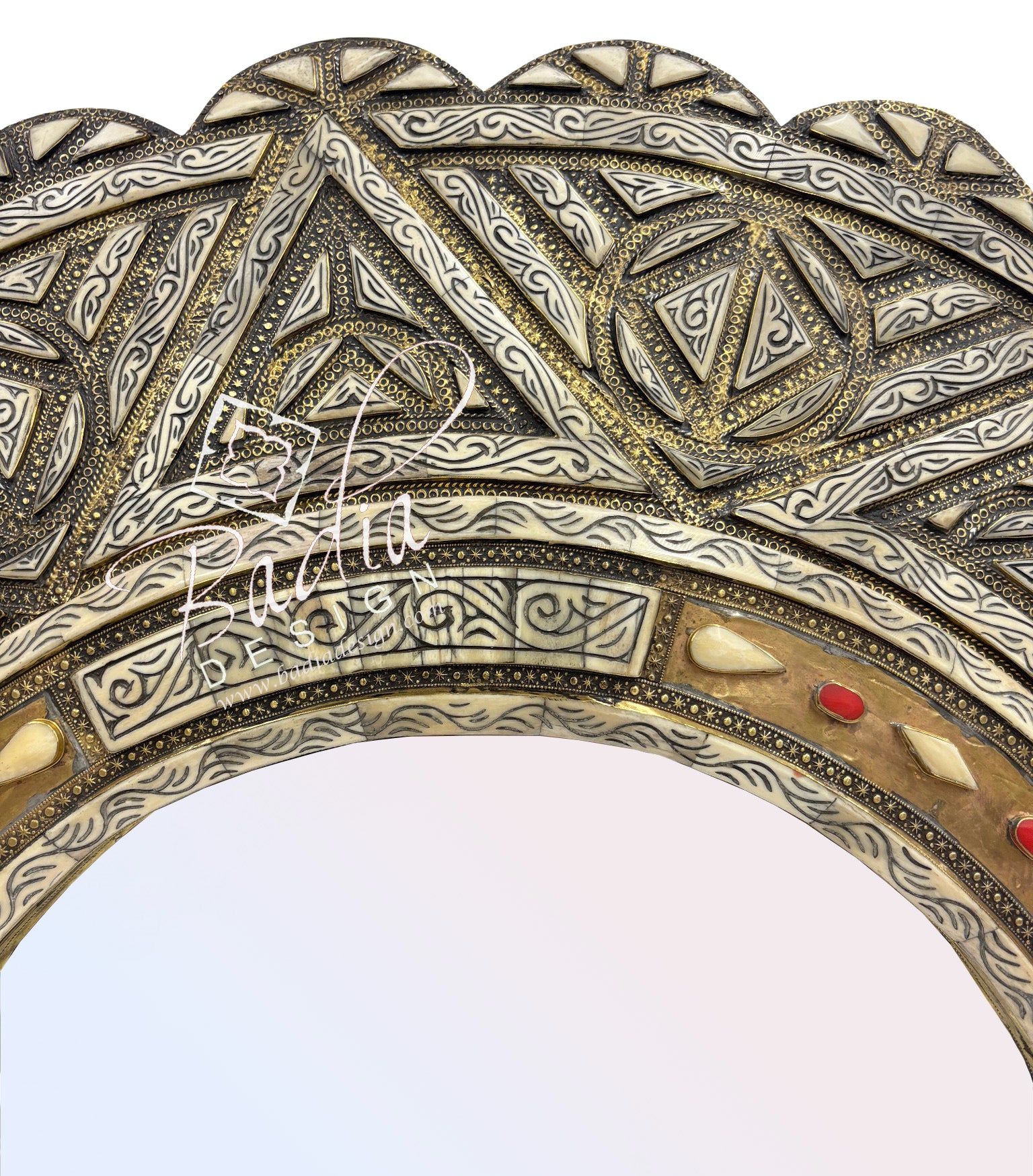 Round Moroccan Mirror with Metal and Bone Design