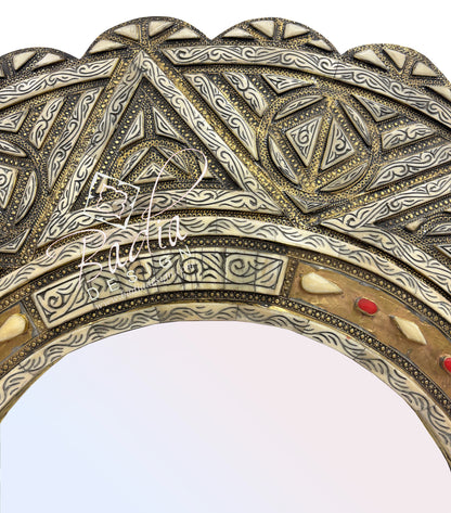 Round Moroccan Mirror with Metal and Bone Design