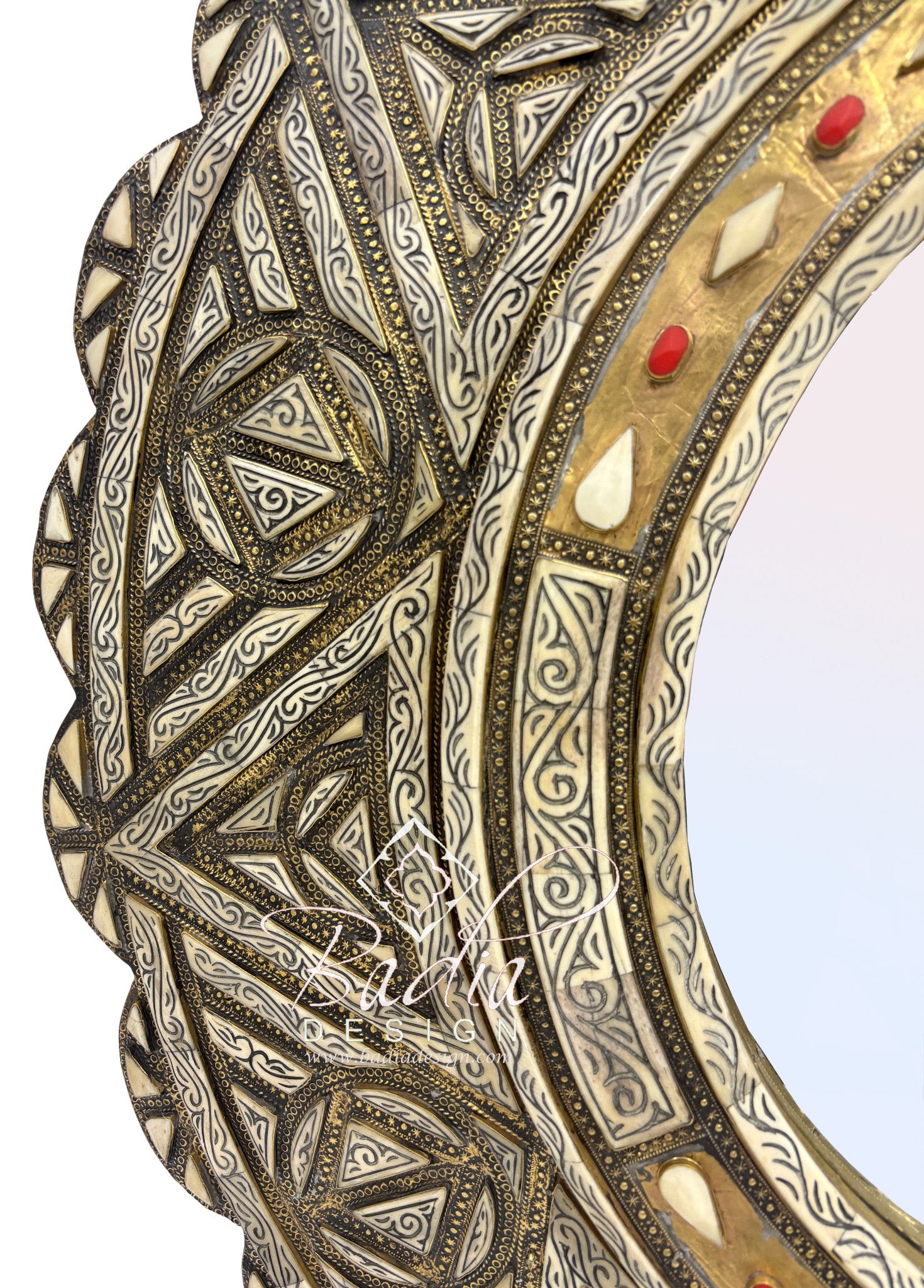 Round Moroccan Mirror with Metal and Bone Design